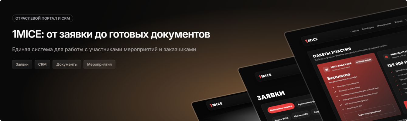 1MICE — сайт и CRM для управления заявками, заказчиками и мероприятиями