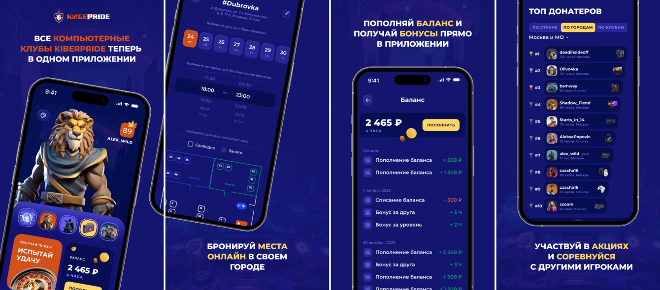 Сеть компьютерных клубов Kiberpride (мобильное приложение + админ-панель)