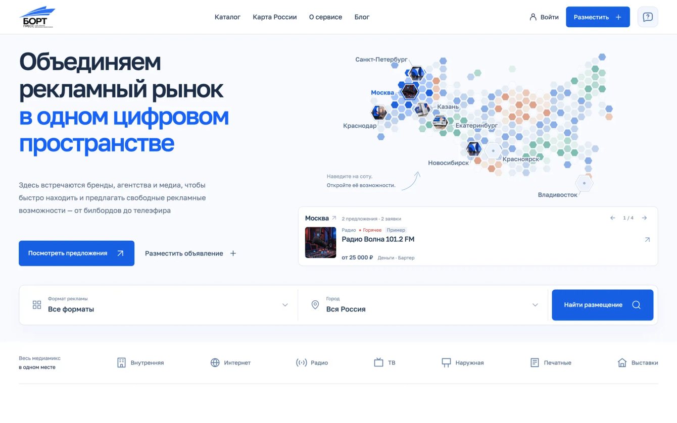 БОРТ Пресс: биржа рекламных размещений с картой России, каталогом площадок и кабинетами трёх ролей