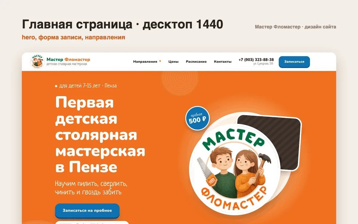 Дизайн сайта детской столярной мастерской: запись на пробное занятие в каждом блоке
