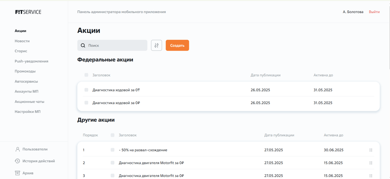 Админпанель для продвижения мобильного приложения FIT SERVICE