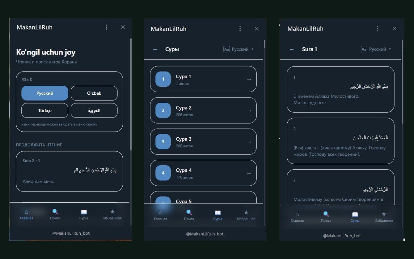Онлайн-Коран в Telegram Mini App: суры, переводы, поиск и избранное