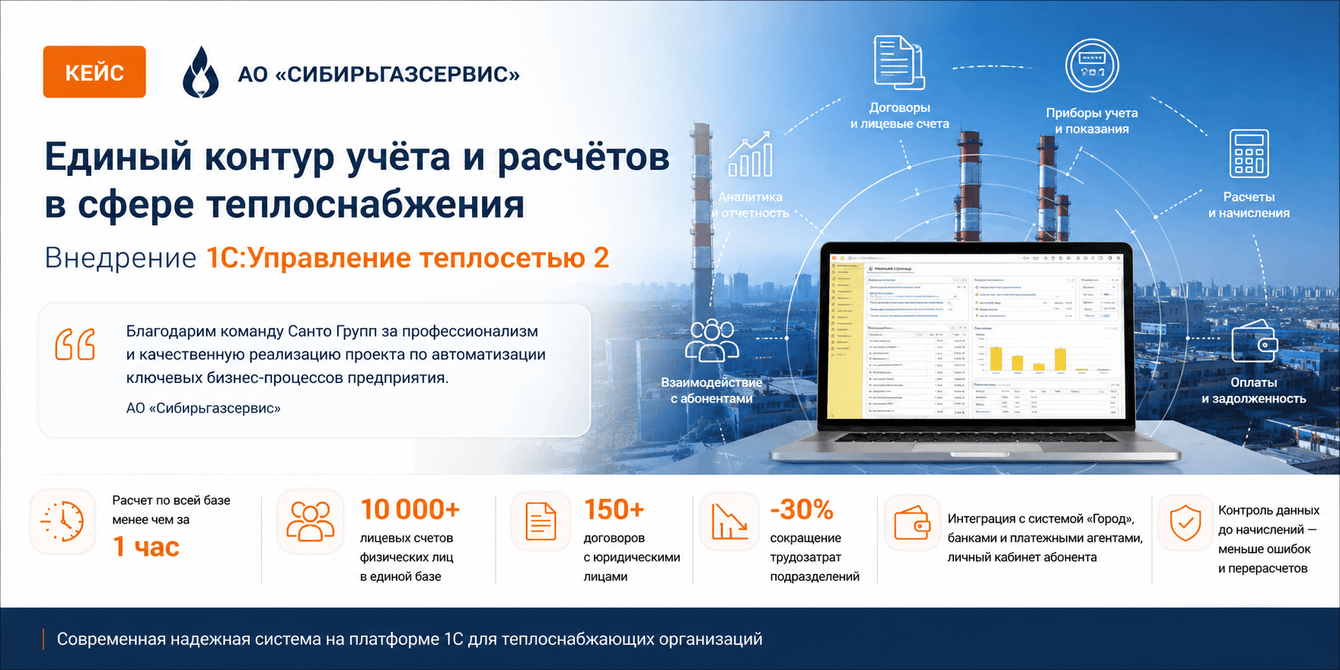 10000 лицевых счетов и расчет менее часа: как АО «Сибирьгазсервис» перевело теплоснабжение в 1С