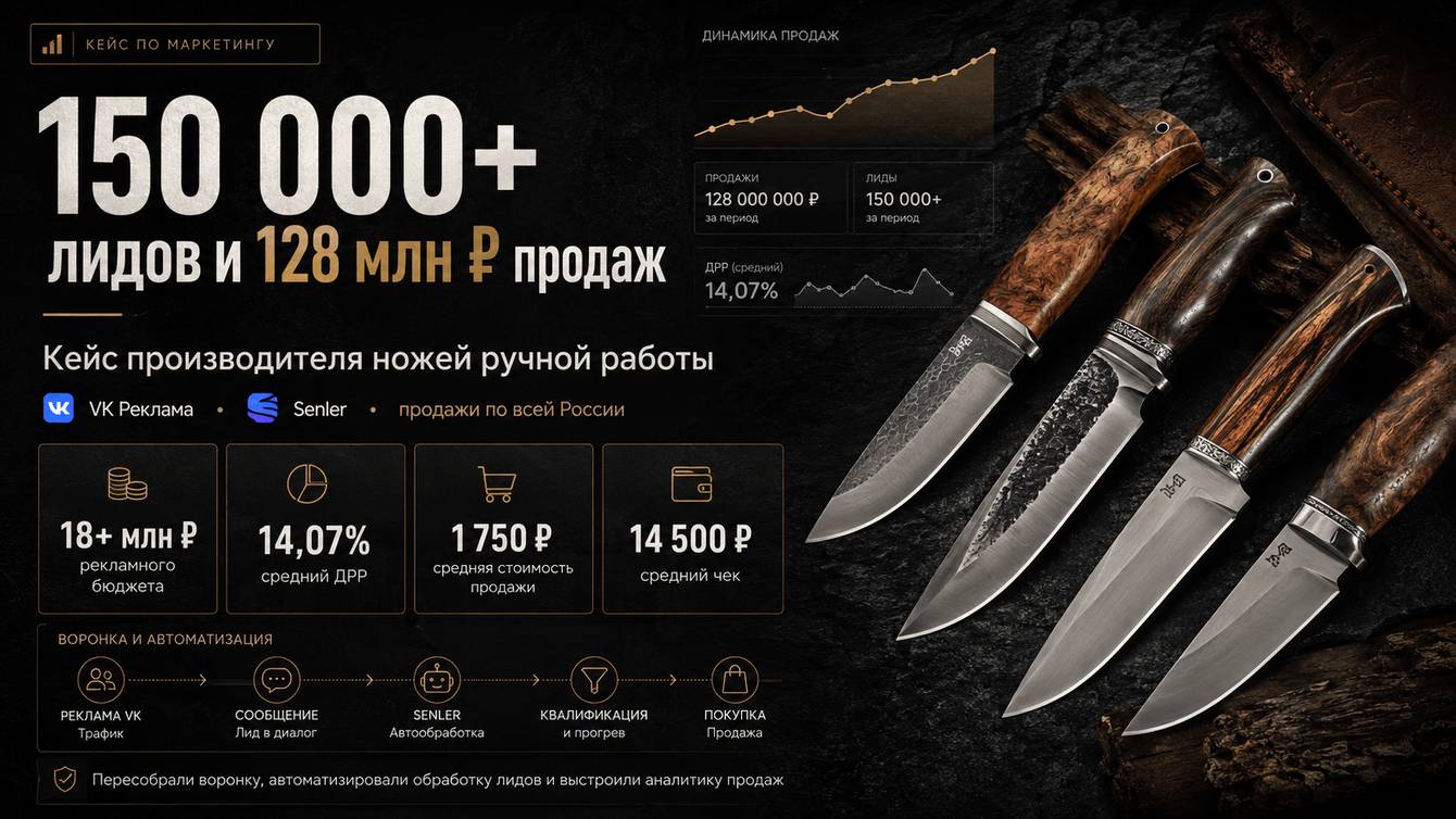 150 000+ лидов и 128 млн ₽ продаж для производителя ножей ручной работы через VK Рекламу и Senler