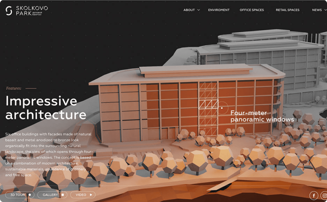 Разработка сайта, технологичная 3D-модель и интеграция VR-тура для делового квартала «Сколково Парк»