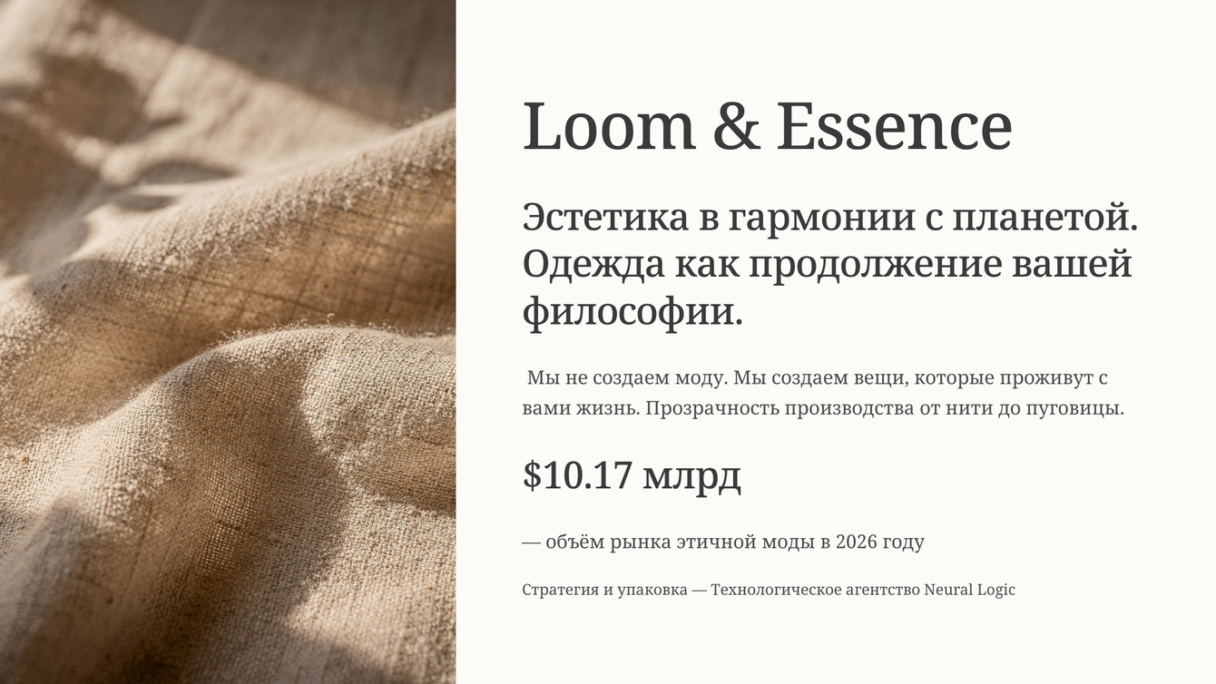 Бренд-стратегия и B2B-питч-дек премиального sustainable-бренда одежды Loom & Essence