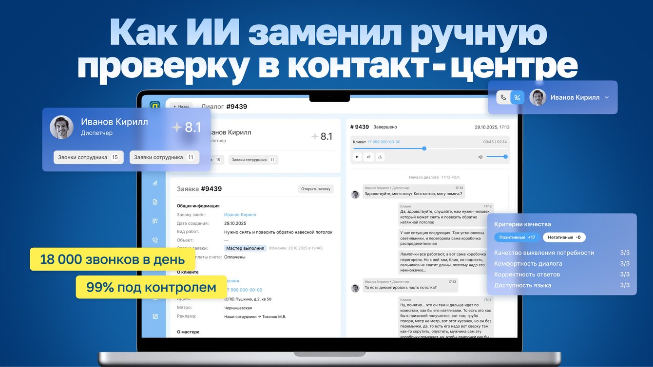 18000 звонков в день, 99% под контролем: как ИИ заменил ручную проверку в контакт-центре «Ленремонт»