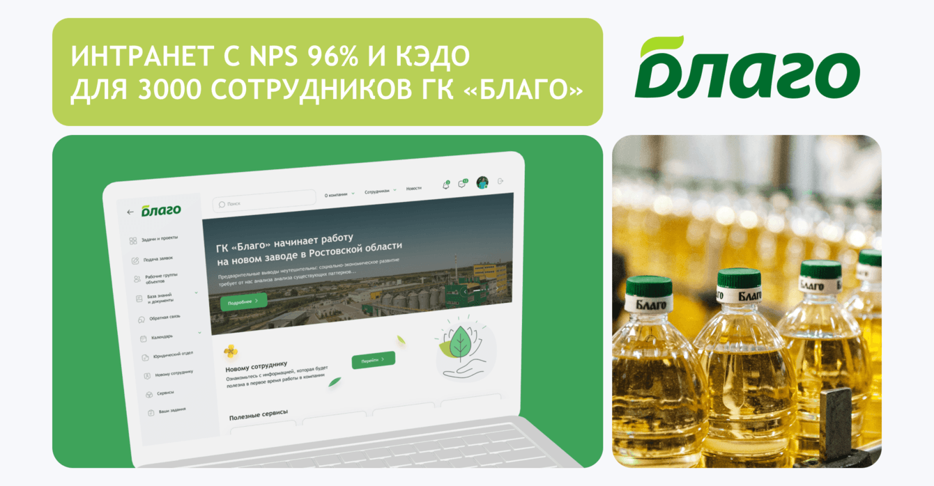 Внедрили корпоративный портал с NPS 96% и КЭДО для 3000+ сотрудников ГК «Благо»
