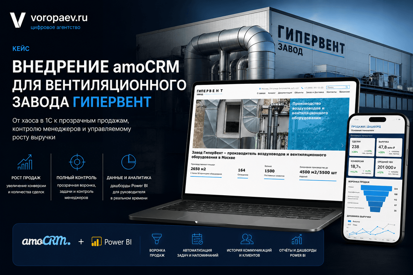 Внедрение amoCRM на вентиляционном заводе: от хаоса в 1С к прозрачным продажам