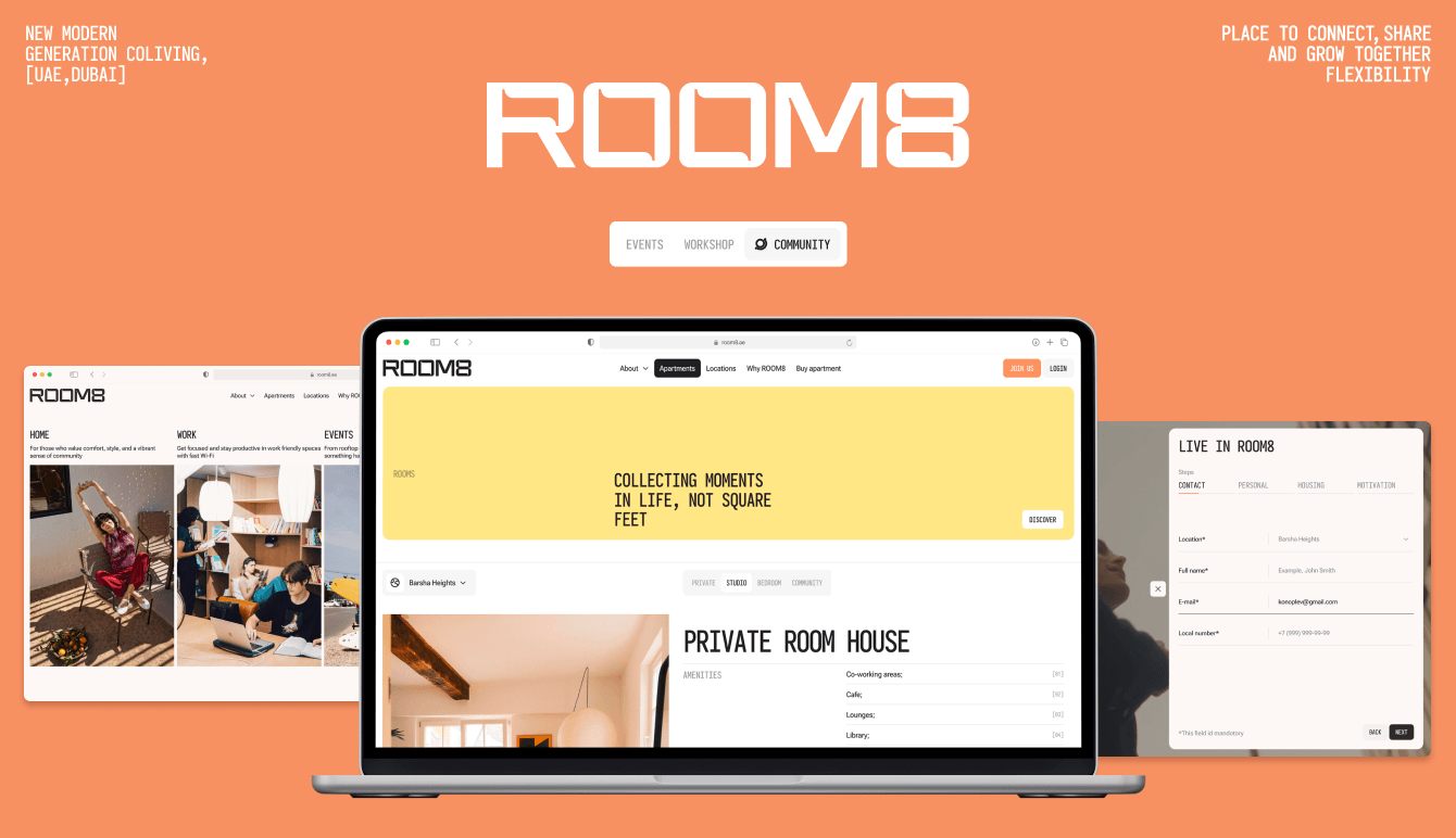 Разработка визуального стиля и дизайна сайта для коливинга R8 в Дубае