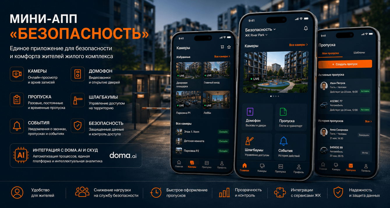 Мини-приложение «Безопасность» для управления доступом и сервисами ЖК