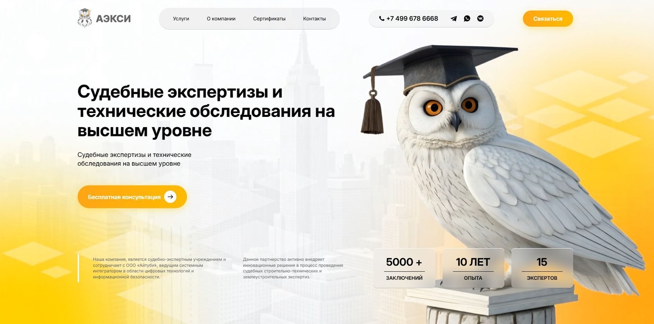 АЭКСИ — сайт экспертной компании с анимированным маскотом