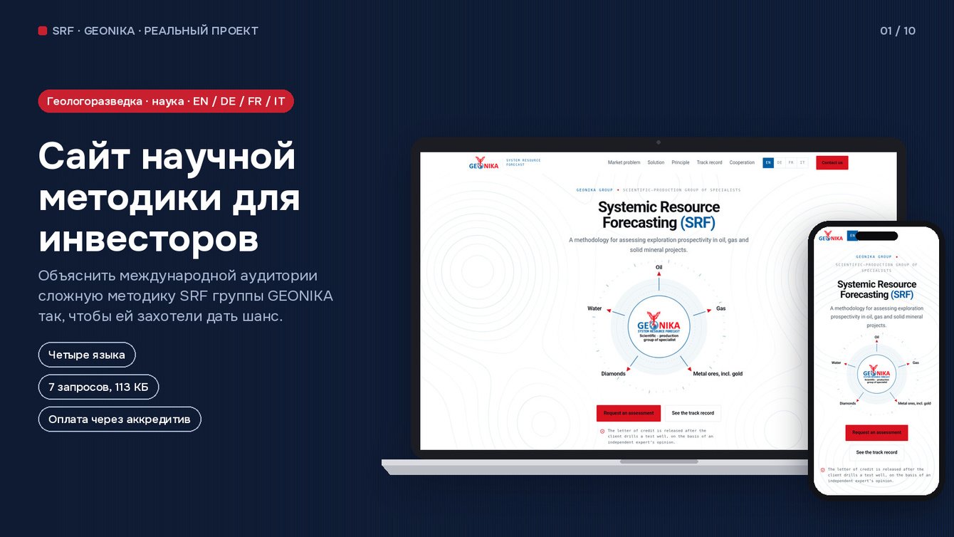 GEONIKA · SRF — сайт научной методики на четырёх языках