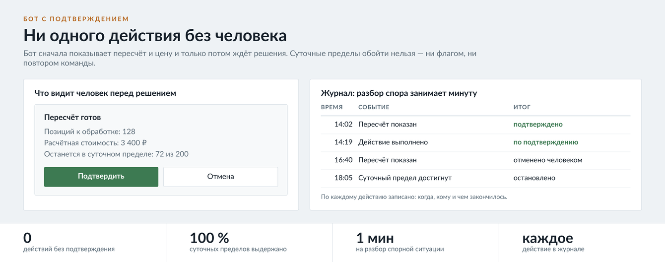 Бот, который сначала показывает пересчёт и цену, а действует только после подтверждения человеком