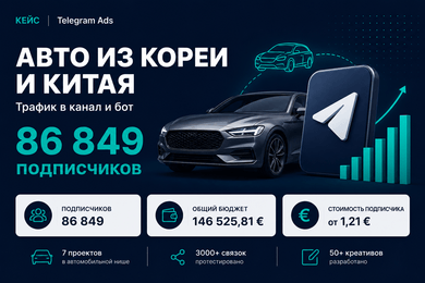 Telegram Ads для привоза авто из Кореи и Китая: 86 849 подписчиков для Telegram-канала и бота