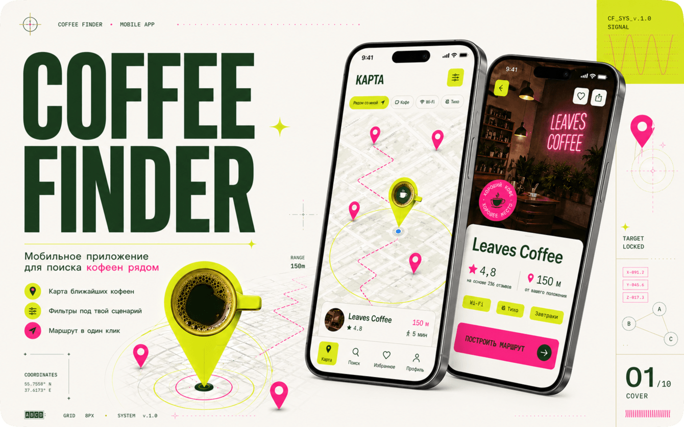 UX/UI дизайн мобильного приложения Coffee Finder для поиска кофеен рядом