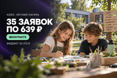 35 заявок по 639 ₽ в летний лагерь частной школы в Лениградской области через ВКонтакте