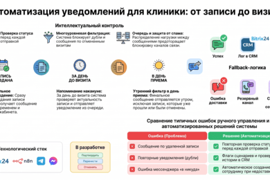 Автоматизация уведомлений пациентам: Битрикс24, 1С и защита от дублей