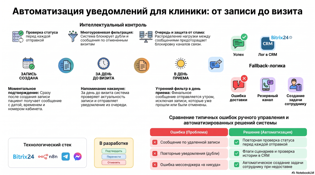 Автоматизация уведомлений пациентам: Битрикс24, 1С и защита от дублей