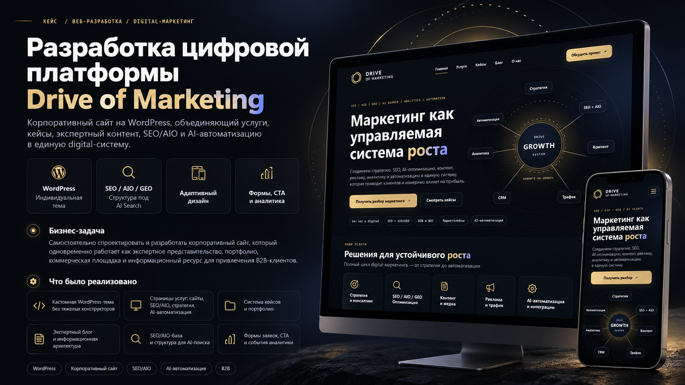 Разработка корпоративного сайта Drive of Marketing с SEO/AIO и индивидуальной темой