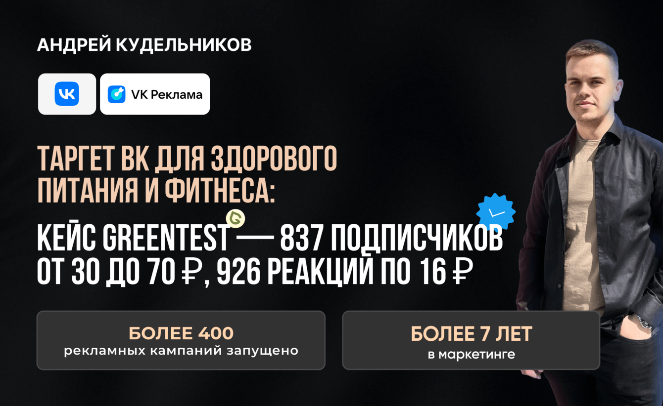 Таргет ВК для здорового питания: 837 подписчиков от 30 до 70 ₽, 926 реакций по 16 ₽