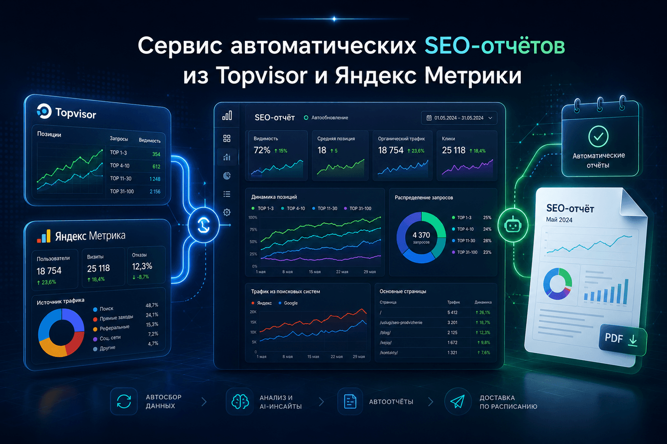 Сервис автоматических SEO-отчётов из Topvisor и Яндекс Метрики