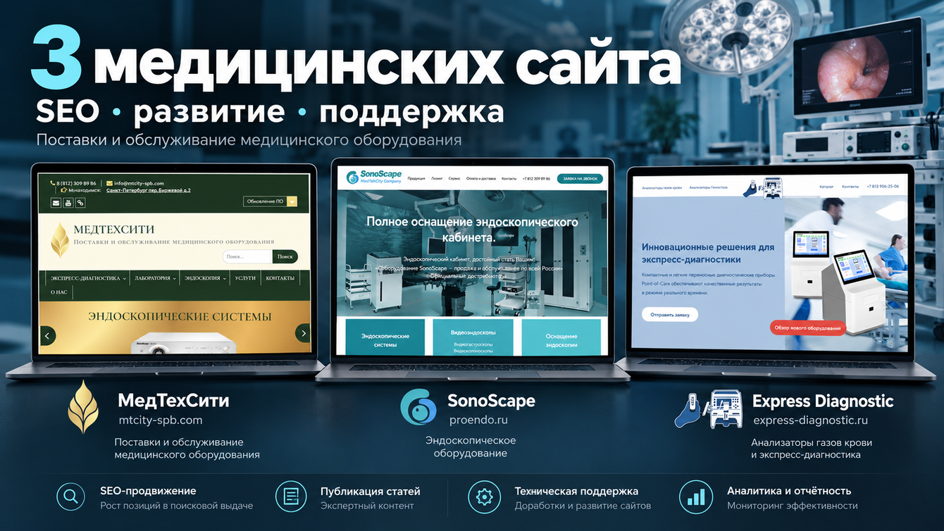 Комплексное развитие 3 медицинских сайтов: SEO, контент и техподдержка
